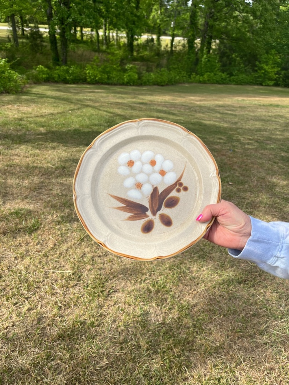 Vintage Floral Ceramic Dinner Plate in Cream and Brown